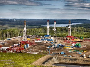 Rigs on a drilling pad, from the Seven Generations Energy Ltd. Montney operations 100 kilometres south of Grande Prairie. Photo supplied by Seven Generations Energy