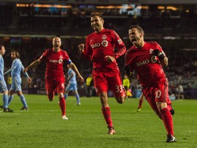 Toronto FC's Sebastian Giovinco (10) celebrates his goal during an MLS second-leg Eastern Conference semifinal match against New York City FC at Yankee Stadium in New York on Sunday, Nov. 6, 2016. (Andres Kudacki/AP Photo)