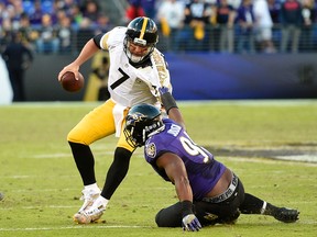 Steelers quarterback Ben Roethlisberger (left) is sacked by Ravens linebacker Matt Judon during second half NFL action in Baltimore on Sunday, Nov. 6, 2016. (Nick Wass/AP Photo)
