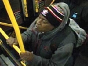 Security camera image of man wanted for allegedly threatening a TTC bus driver with knife on Oct. 21, 2016 in the Markham Rd. and Lawrence Ave. E. area. (Toronto Police handout)