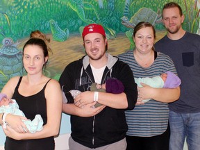 All babies born at Bluewater Health in November are receiving a purple, knitted cap, supplied via community donations. Pictured, from left, are Dayna Bright with baby Raelynn, Derek Cosford with baby Brooks, and Ange and Mans Eisen with baby Theo. Handout/Sarnia Observer