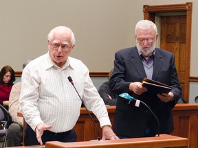 Robert Cornish, left, director of Goderich Hydro answers questions from council regarding a potential merger with Erie Thames Powerlines as Duncan Jewell, also a director with the LDC, looks on. (Darryl Coote/The Goderich Signal Star)