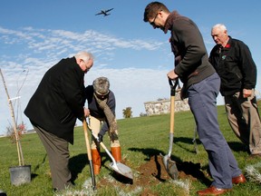 Emily Mountney-Lessard/The Intelligencer
Maj. (ret'd) Louise Maziarski plants a tree, with some help from Quinte West Mayor Jim Harrison and councillors Michael Kotsovos, Jim Alyea and Sally Freeman (not shown), at Bain Park on Friday in Trenton.