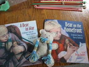 These picture books, which chronicle the tale of one teddy bear through war, were the inspiration for Sarah Hodgkinson's Remembrance Day project with her Grade 4/5 class at A.J. Baker Public School. The entire class is learning to knit teddy bear scarves, and will help put the finishing touches on the stuffed bears. (MEGAN STACEY/Sentinel-Review)