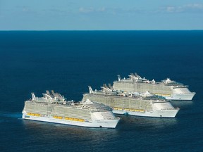 Royal Caribbean International's Oasis-class ships, Oasis of the Seas, Allure of the Seas and the new Harmony of the Seas greeting each other at sea for the first and possibly only time. (PRNewsFoto/Royal Caribbean)