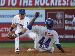 The Ottawa Champions' Kenny Bryant slides into second base during the fifth and deciding game of the Can Am League final against the Rockland Boulders. (Drew Wohl)