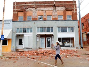Damage in Cushing, Okla., is seen on Monday, Nov. 7, 2016, caused by Sunday night's 5.0 magnitude earthquake. Dozens of buildings sustained "substantial damage" after a 5.0 magnitude earthquake struck Cushing, home to one of the world's key oil hubs, but officials said Monday that no damage has been reported at the oil terminal. (Jim Beckel The Oklahoman via AP)