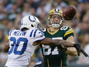 Colts defender Rashaan Melvin breaks up a pass intended for Packers receiver Jordy Nelson during first half NFL action in Green Bay, Wis., on Sunday, Nov. 6, 2016. (Jeffrey Phelps/AP Photo)