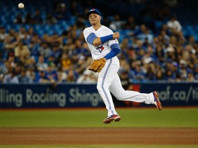 Toronto Blue Jays shortstop Troy Tulowitzki throws out Tampa Bay Rays' Kevin Kiermaier to end the sixth inning in Toronto on Sept. 12, 2016. (Jack Boland/Toronto Sun/Postmedia Network)