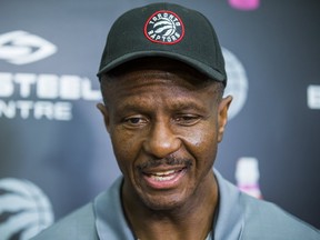 Head coach Dwane Casey talks to media during a Raptors practice at the BioSteel Centre in Toronto, Ont. on Tuesday October 25, 2016. Ernest Doroszuk/Toronto Sun/Postmedia Network
