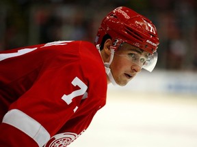 Dylan Larkin of the Detroit Red Wings looks on during the third period while plangent the Winnipeg Jets at Joe Louis Arena on November 4, 2016 in Detroit, Michigan. (Gregory Shamus/Getty Images)