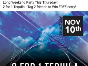 A Facebook post by the Regina nightclub Gabbo's is shown in a handout photo. The nightclub has pulled the ad promoting two-for-one tequila the night before Remembrance Day following an online backlash. THE CANADIAN PRESS