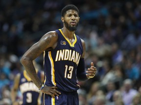 Paul George of the Indiana Pacers reacts to a call during their game against the Charlotte Hornets at Spectrum Center on November 7, 2016 in Charlotte, North Carolina. (Streeter Lecka/Getty Images)