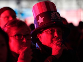People watch Election Day coverage on a large screen in Rockefeller Center, Tuesday, Nov. 8, 2016, in New York. (AP Photo/Julio Cortez)