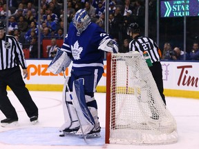 Maple Leafs goaltender Frederik Andersen scoops out the fourth goal by the Kings during second period action at the Air Canada Centre in Toronto on Tuesday, Nov. 8, 2016. (Dave Abel/Toronto Sun)