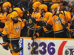 Nashville Predators defenceman P.K.Subban is congratulated by teammates after scoring a goal against the Senators during last night’s game. (GETTY IMAGES)