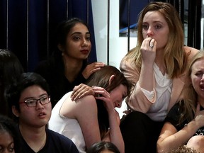 A group of women react as voting results come in at Democratic presidential nominee former Secretary of State Hillary Clinton's election night event at the Jacob K. Javits Convention Center Nov. 8, 2016 in New York City.  (Drew Angerer/Getty Images)