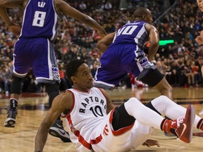 Raptors guard DeMar DeRozan has the ball stripped away by the Kings during NBA action in Toronto on Sunday, Nov. 6, 2016. (Craig Robertson/Toronto Sun)