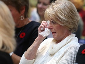 Cheryl Bruno becomes emotional at Health Sciences North in Sudbury, Ont. on Tuesday November 8, 2016. Dr. Eric Hoskins was in town to help announce $4.6 million to build the space needed for the new PET scanner at Health Sciences North, and the Northern Cancer Foundation announced the committee has reached its fundraising goal. Gino Donato/Sudbury Star/Postmedia Network