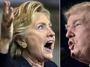 This combination of pictures created on Nov. 8, 2016 shows
Democratic presidential nominee Hillary Clinton in Raleigh, N.C., Sept. 27, 2016 and Republican presidential nominee Donald Trump in Reno, Nev. on Nov. 5, 2016.,(MANDEL NGAN/AFP/Getty Images)