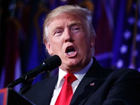 President-elect Donald Trump speaks during an election night rally, Wednesday, Nov. 9, 2016, in New York. (AP Photo/ Evan Vucci)