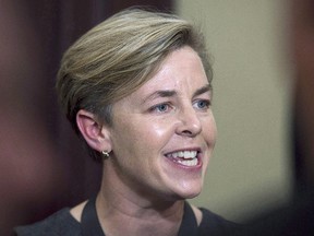 Leadership candidate Kelli Leitch, MP for the riding of Simcoe-Grey, talks with reporters at the national Conservative summer caucus retreat in Halifax on Wednesday, Sept. 14, 2016. The leadership campaign of Conservative party hopeful Kellie Leitch is jumping on Donald Trump's surprise U.S. victory to fire a shot at so-called Canadian elites. (THE CANADIAN PRESS/Andrew Vaughan)