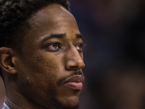 Toronto Raptors guard DeMar DeRozan sits on the bench against the Sacramento Kings on Nov. 6, 2016. (Craig Robertson/Toronto Sun/Postmedia Network)