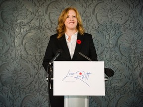 Lisa Raitt, MP for Milton, announces her candidacy for leadership of the Conservative party at a news conference, in Toronto on Thursday, November 03, 2016. THE CANADIAN PRESS/Christopher Katsarov