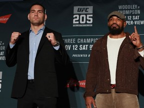 Chris Weidman and Yoel Romero of Cuba pose for a photo during the UFC 205 Ultimate Media Day at The Theater at Madison Square Garden on Nov. 9, 2016 in New York City. (Michael Reaves/Getty Images)