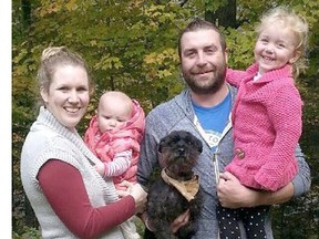Former Belleville Bulls defenceman Ryan Crowther with his wife Sarah and daughters Ryley and Kylyn. (Photo courtesy of The Orillia Packet and Times)