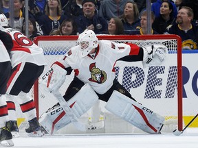 Senators goaltender Mike Condon follows the action during the first period in Buffalo on Wednesday night. (Getty Images)