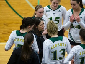 Laurie Eisler, seen here talking to her players in February, 2015, is the winningest coach in U of A history as she's led the Pandas to seven championships. (Ian Kucerak)