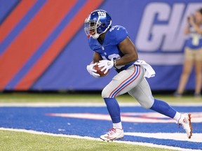 In this Aug. 12, 2016, file photo, New York Giants running back Bobby Rainey brings the ball up field on the kickoff during the first quarter of an NFL football game against the Miami Dolphins in East Rutherford, N.J. (AP Photo/Bill Kostroun, File)