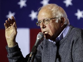 In this Nov. 3, 2016, photo, Sen. Bernie Sanders, I-Vt., campaigns for Democratic presidential candidate Hillary Clinton at the University of Cincinnati. (AP Photo/John Minchillo)