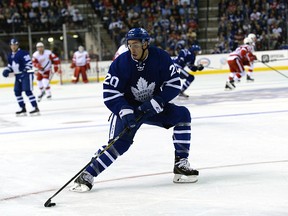 Frank Corrado of the Toronto Maple Leafs with the puck during the first period of an NHL pre-season game between the Leafs and the Detroit Red Wings at FirstOntario Centre in Hamilton. Julian Avram/Icon Sportswire via Getty Images)