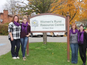 : WRRC staff members wearing their purple scarves. Pictured above, from left to right: Ann Marie Croeze, Cara Campbell, Chenyl Wituik, and Julia Loreto. JONATHAN JUHA/ STRATHROY AGE DISPATCH/ POSTMEDIA NETWORK