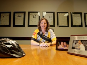 Emily Mountney-Lessard/The Intelligencer
Carrie Golden, 39, who lives near Foxboro, is one of three local riders on The Road Apples team taking part in the Enbridge Ride to Conquer Cancer benefiting Princess Margaret Cancer Centre.  She is shown here at The Intelligencer office in Belleville.