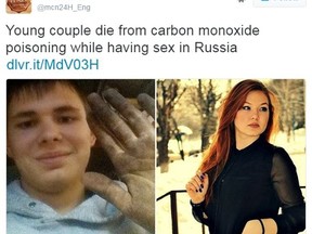 A young Russian couple - Artem S., 18, and Anna D., 20 - died of carbon monoxide in a garage. The twosome were having sex in a running car when they died. (Twitter Photo)