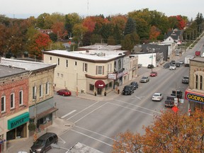 A photo of Clinton from overhead. Central Huron is working with Huron County to review traffic and pedestrian movements along Albert Street. (Justine Alkema/Clinton News Record)