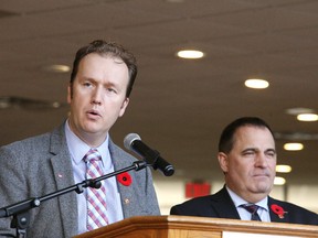Sudbury MP Paul Lefebvre (left) and Nickel Belt MP Marc Serre speak at an infrastructre funding announcement for water and wastewater projects in Greater Sudbury. Gino Donato/The Sudbury Star/Postmedia Network
