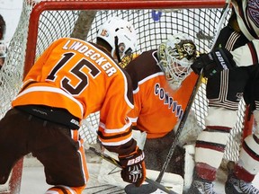 Detroit Compuware U15 goalie Alex Lopez and defender Alec Lindecker are pictured in this Postmedia file photo from Jan. 15, 2016 in Peterborough, Ont. Compuware is one of the teams participating in this weekend's Battle of the Border minor midget showcase tournament in Sarnia. (Clifford Skarstedt, Postmedia Network)