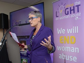 Megan Walker, executive director of the London Abused Women's Centre, speaks during a press conference highlighting the Shine the Light on woman abuse campaign. (Free Press file photo)