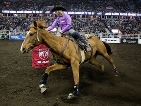 Nancy Csabay takes part in the first go-round of Ladies Barrel Racing at the Canadian Finals Rodeo at Northlands Coliseum, in Edmonton on Wednesday Nov. 9, 2016.