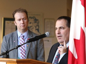 Sudbury MP Paul Lefebvre (left) and Nickel Belt MP Marc Serre speak at an infrastructre funding announcement for water and wastewater projects in Sudbury, Ont. on Thursday November 10, 2016. Gino Donato/Sudbury Star/Postmedia Network