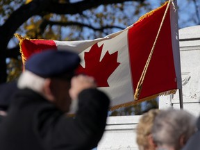Emily Mountney-Lessard/The Intelligencer
A Canadian Flag waves as a man salutes during the Remembrance Day ceremony on Friday in Belleville.