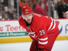 Bryan Bickell of the Carolina Hurricanes prepares for a faceoff during an NHL game against the Philadephia Flyers on Oct. 30, 2016 at PNC Arena in Raleigh. (Gregg Forwerck/NHLI via Getty Images)