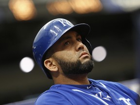 Kendrys Morales waits on deck to bat for the Kansas City Royals against the Tampa Bay Rays on August 4, 2016 at Tropicana Field in St. Petersburg, Florida. (Brian Blanco/Getty Images)