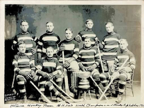 Kingston’s Marty Walsh, bottom row, left, helped Ottawa win the Stanley Cup three years in a row, including 1911. (Hockey Hall of Fame/Library and Archives Canada)