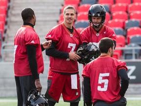 The Redblacks quarterbacks at practice in the playoff bye week. (Errol McGihon, Ottawa Sun)