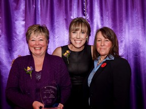 The Pooch and Pony owners Dina Merrills, left, and her daughter-in-law Summer accept the Business of the Year Award from presenter Sherri Pailer during the Stony Plain Chamber of Commerce Awards 2016 held at the Best Western Sunrise Inn and Suites on Nov. 5 - Photo by Yasmin Mayne.